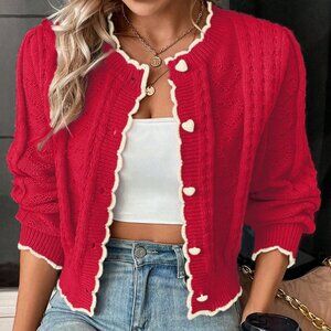 Red and White Casual Women's Heart Button Design Long Sleeve Loose Cardigan